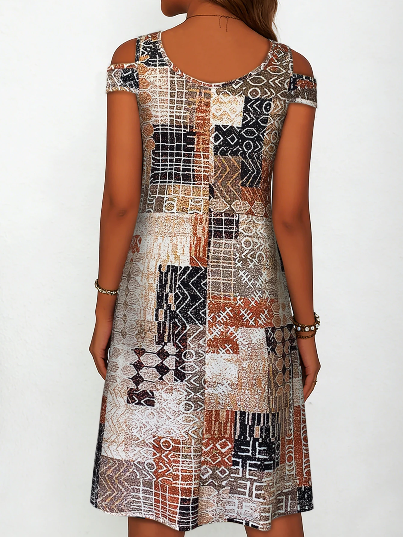 Women's Geometric Patchwork Print Cold Shoulder Dress, Summer Casual V Neck Short Sleeve Flowy Sundress