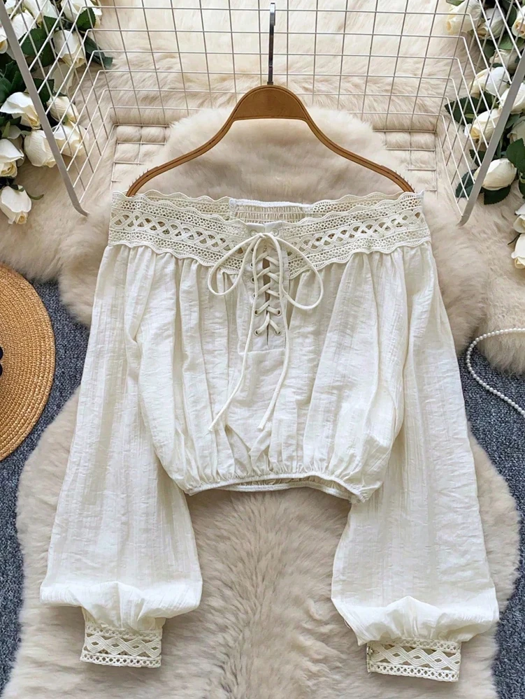 Women's Stylish Off-the-Shoulder, Waist-Cinched, Cropped, Lace-Paneled, Long-Sleeve Tie-Front Top: Casual and Elegant