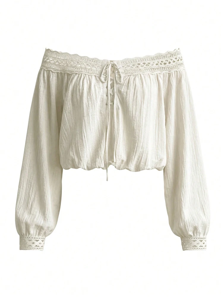 Women's Stylish Off-the-Shoulder, Waist-Cinched, Cropped, Lace-Paneled, Long-Sleeve Tie-Front Top: Casual and Elegant