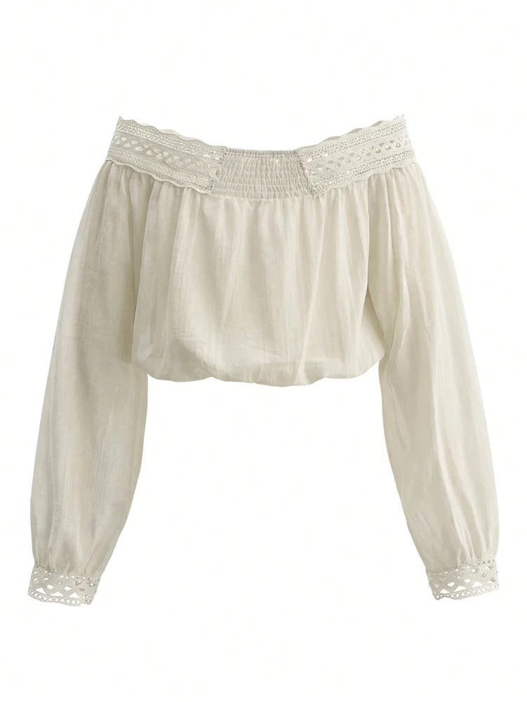 Women's Stylish Off-the-Shoulder, Waist-Cinched, Cropped, Lace-Paneled, Long-Sleeve Tie-Front Top: Casual and Elegant