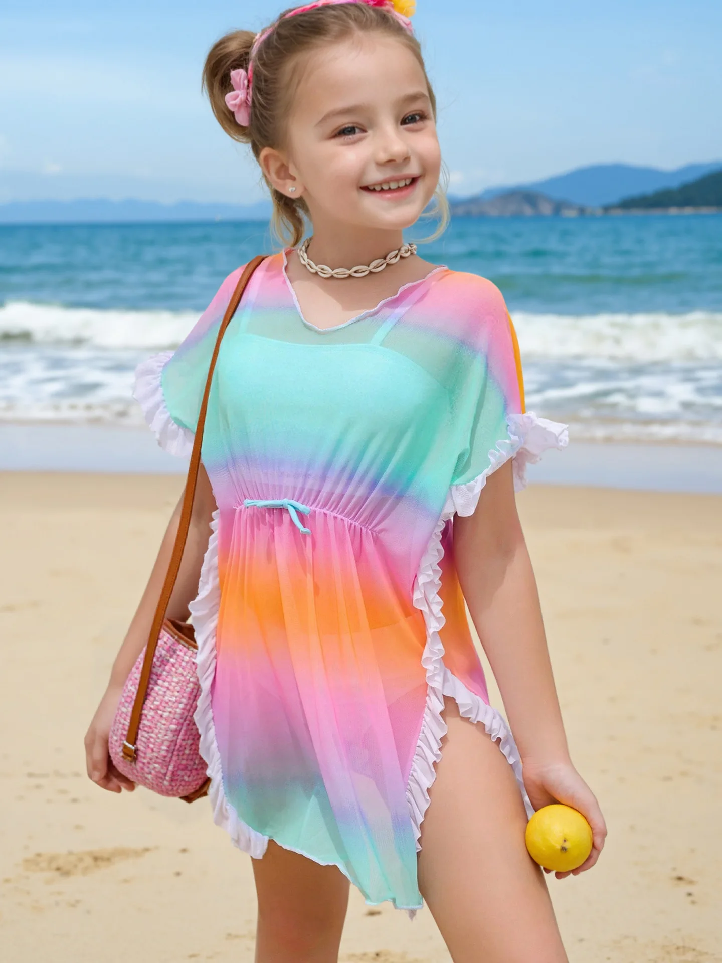 Tween Girls Ombre Ruffle Trim Knot Front Cover Up Teen Girls Bathing Suit Beach Cover Up Dress for Swimming For Beach And Pool