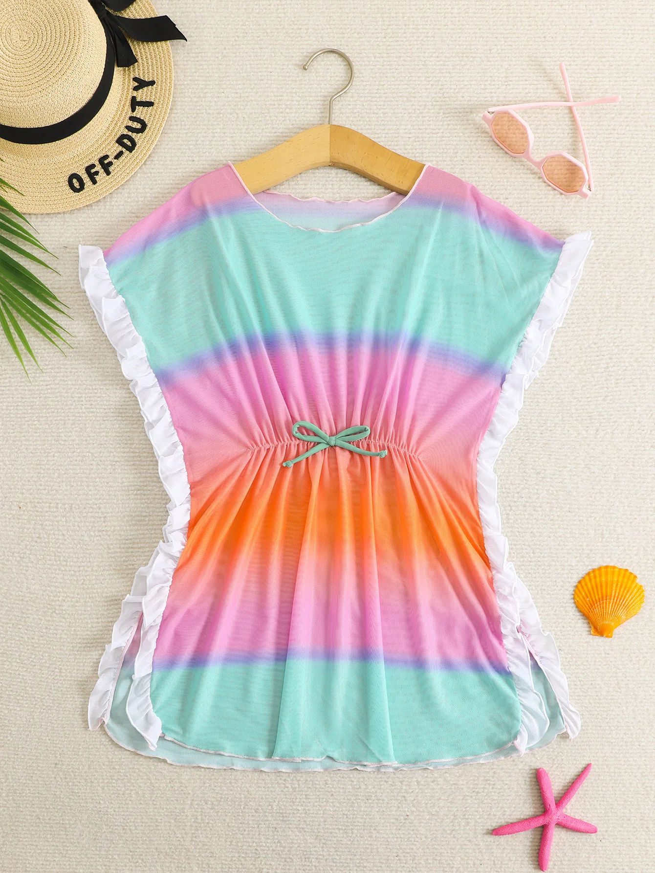 Tween Girls Ombre Ruffle Trim Knot Front Cover Up Teen Girls Bathing Suit Beach Cover Up Dress for Swimming For Beach And Pool