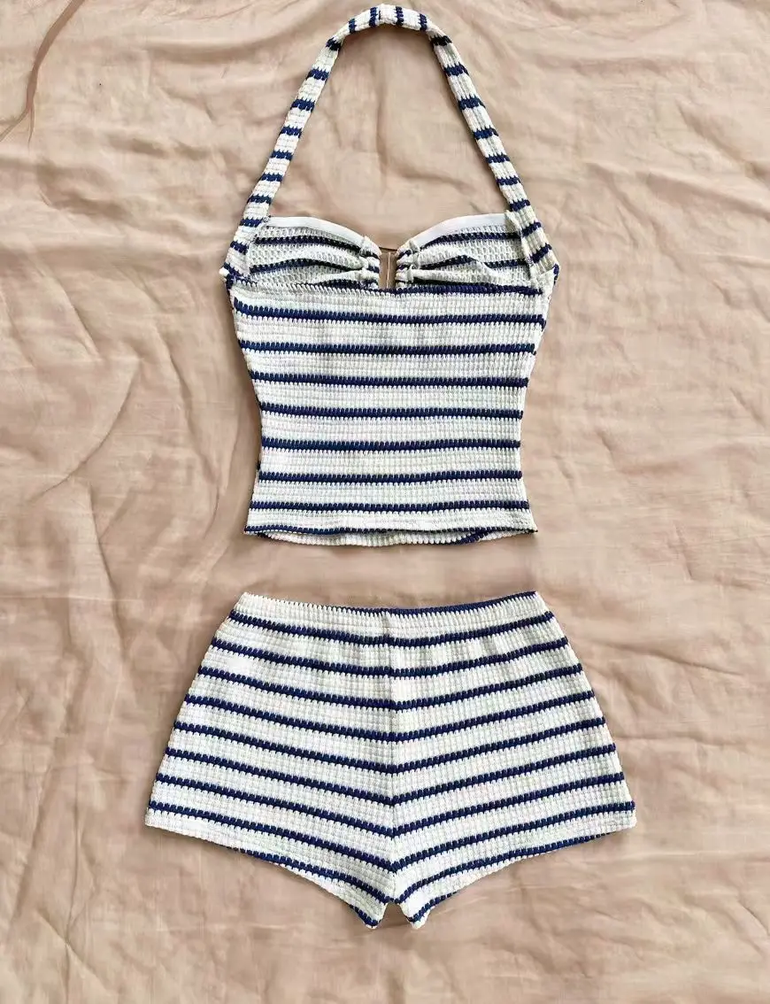 Summer Striped Halter-Neck Waffle Knit Suit - A Sexy Beach Outfit for Vacation Girls.