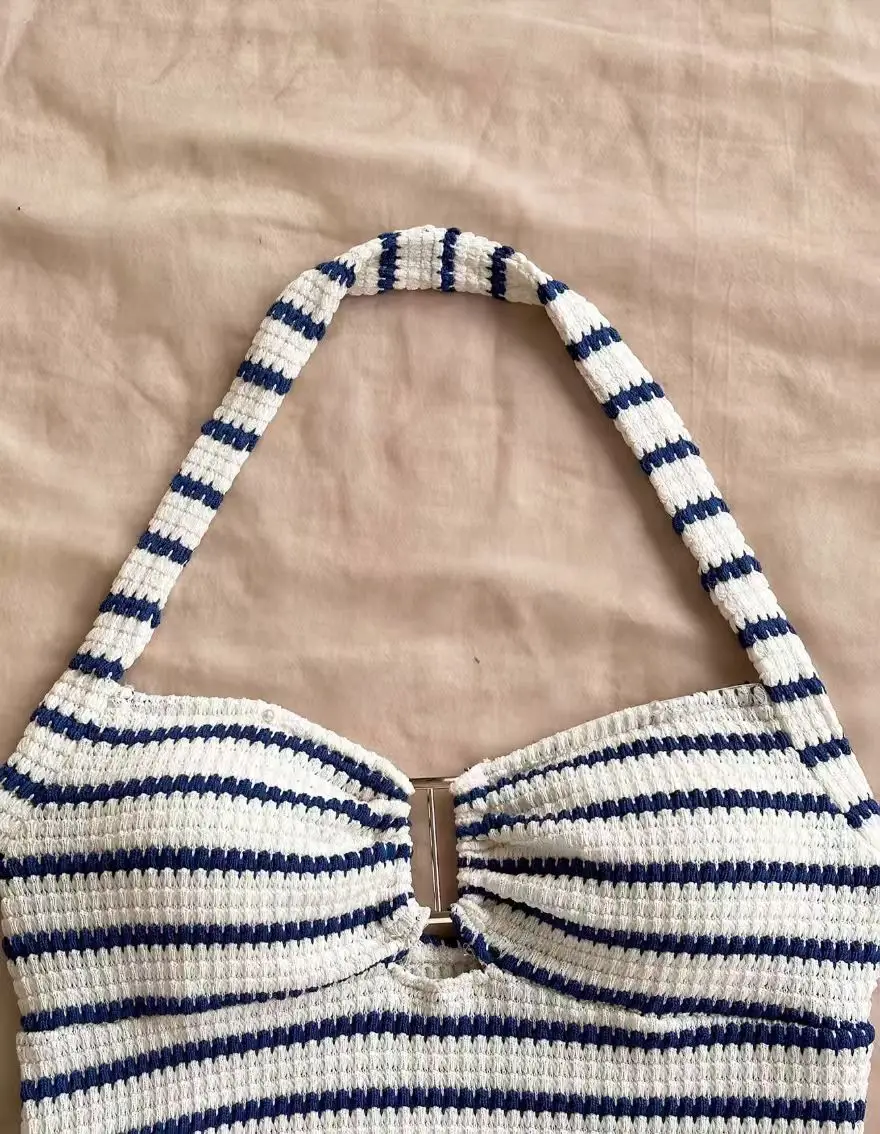 Summer Striped Halter-Neck Waffle Knit Suit - A Sexy Beach Outfit for Vacation Girls.