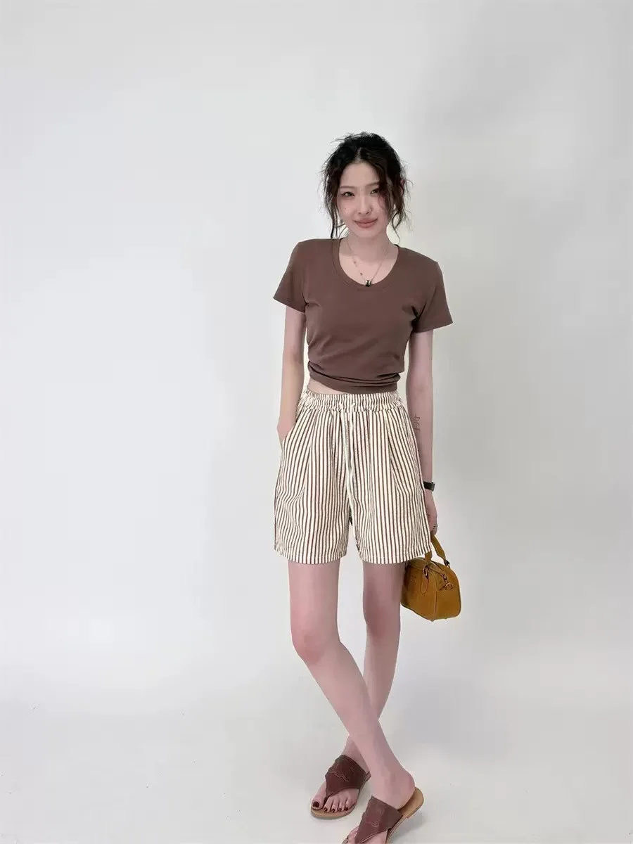Stripes Shorts for Women Drawstring Thin Wide Leg A-line Breathable Bottoms Shorts High Waist Casual Vacation Beach Short Pants
