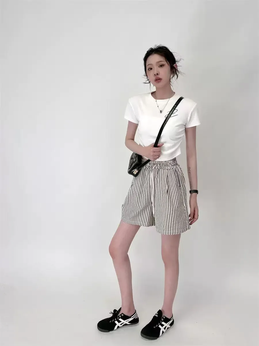 Stripes Shorts for Women Drawstring Thin Wide Leg A-line Breathable Bottoms Shorts High Waist Casual Vacation Beach Short Pants