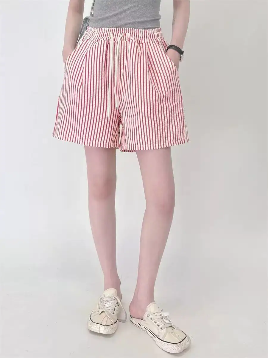 Stripes Shorts for Women Drawstring Thin Wide Leg A-line Breathable Bottoms Shorts High Waist Casual Vacation Beach Short Pants