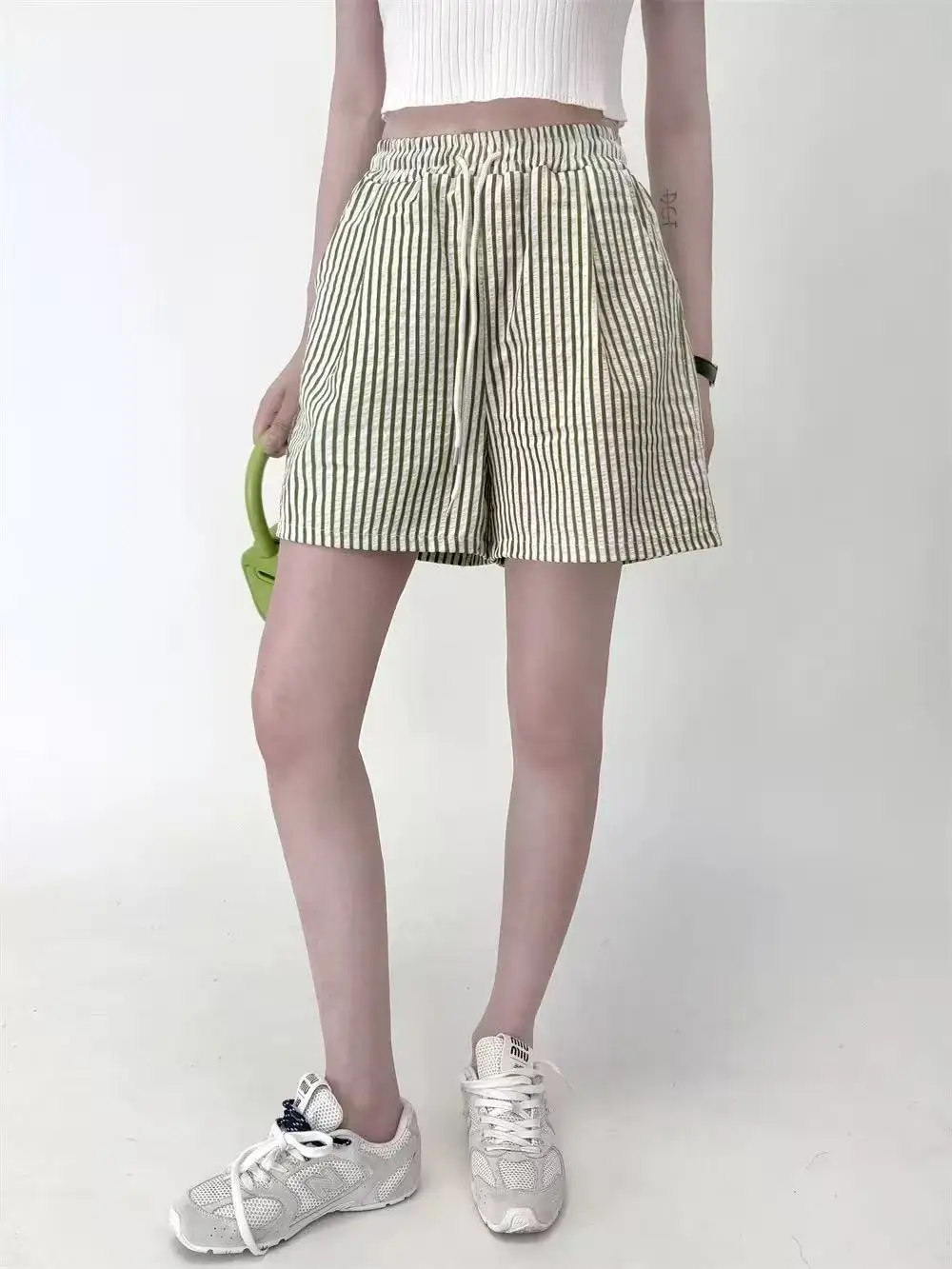 Stripes Shorts for Women Drawstring Thin Wide Leg A-line Breathable Bottoms Shorts High Waist Casual Vacation Beach Short Pants