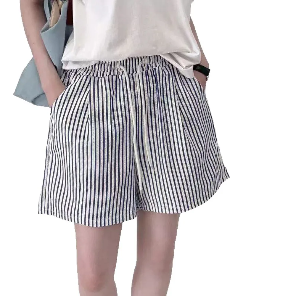Stripes Shorts for Women Drawstring Thin Wide Leg A-line Breathable Bottoms Shorts High Waist Casual Vacation Beach Short Pants
