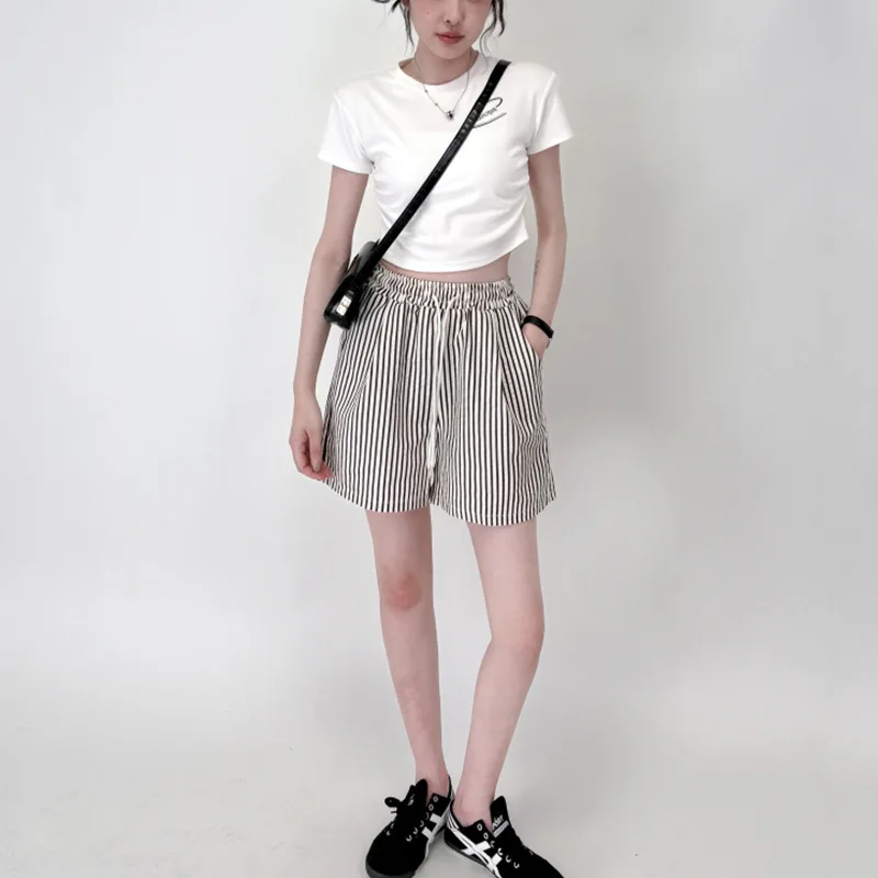 Stripes Shorts for Women Drawstring Thin Wide Leg A-line Breathable Bottoms Shorts High Waist Casual Vacation Beach Short Pants