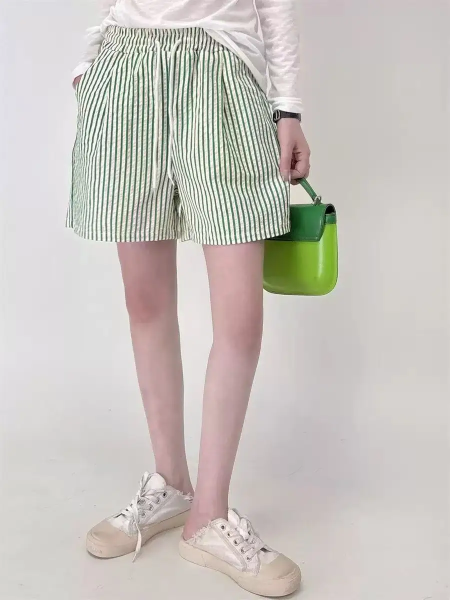 Stripes Shorts for Women Drawstring Thin Wide Leg A-line Breathable Bottoms Shorts High Waist Casual Vacation Beach Short Pants