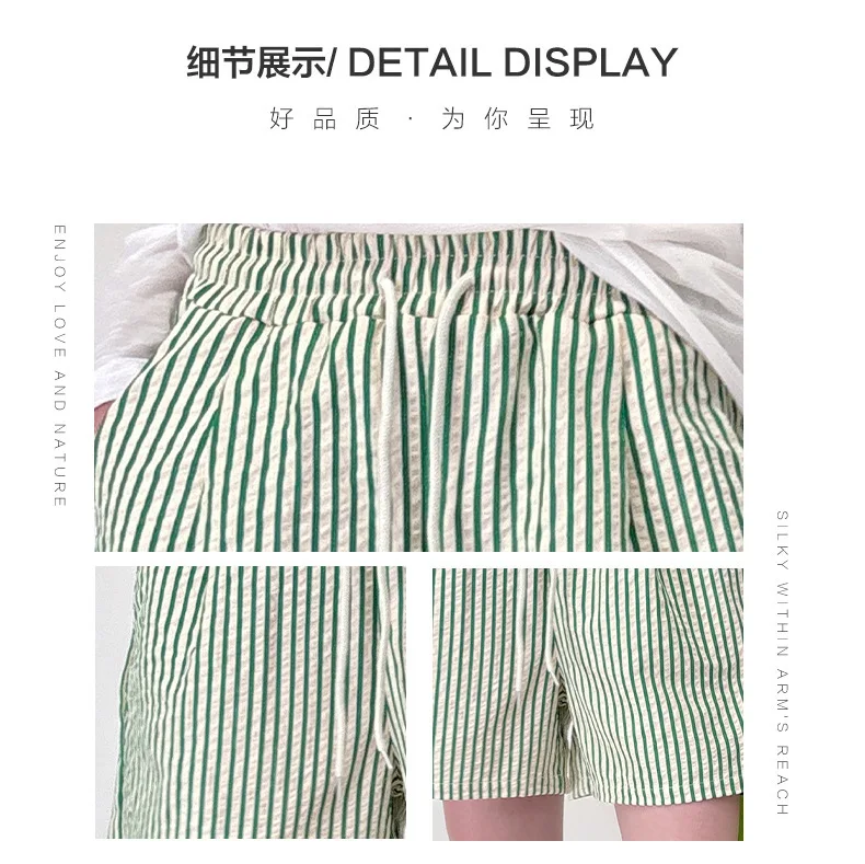Stripes Shorts for Women Drawstring Thin Wide Leg A-line Breathable Bottoms Shorts High Waist Casual Vacation Beach Short Pants
