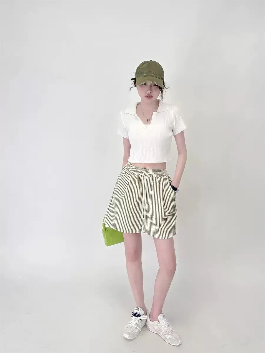 Stripes Shorts for Women Drawstring Thin Wide Leg A-line Breathable Bottoms Shorts High Waist Casual Vacation Beach Short Pants