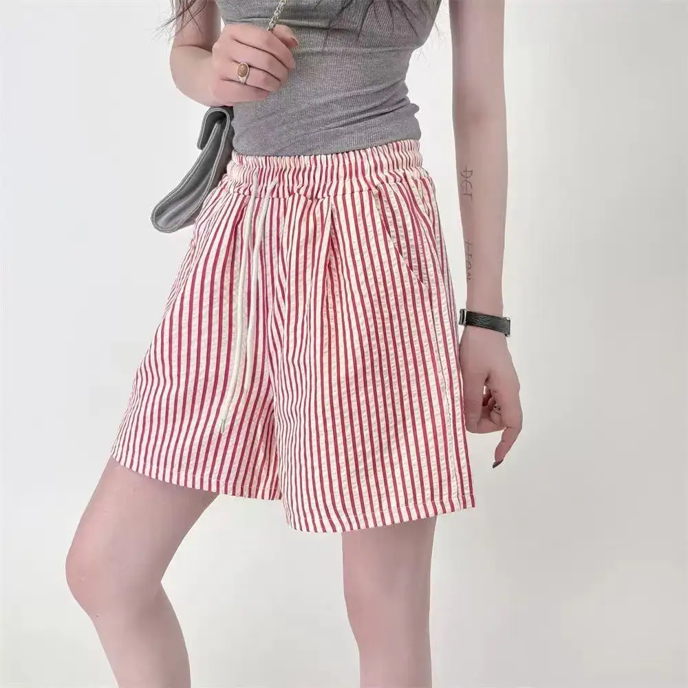 Stripes Shorts for Women Drawstring Thin Wide Leg A-line Breathable Bottoms Shorts High Waist Casual Vacation Beach Short Pants