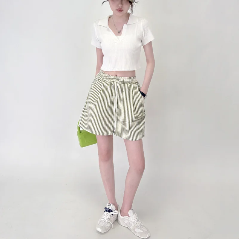 Stripes Shorts for Women Drawstring Thin Wide Leg A-line Breathable Bottoms Shorts High Waist Casual Vacation Beach Short Pants