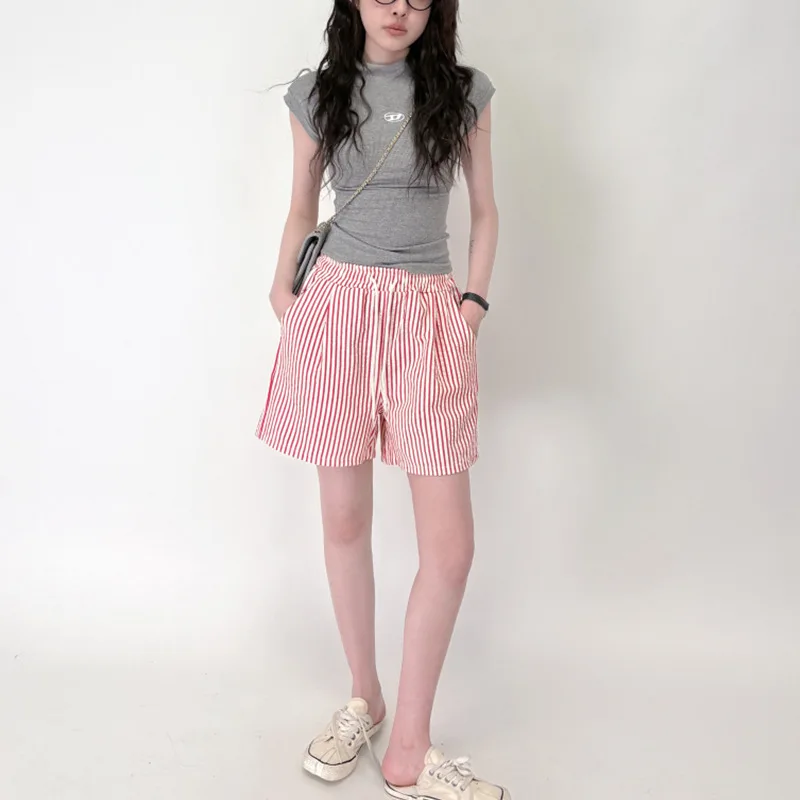 Stripes Shorts for Women Drawstring Thin Wide Leg A-line Breathable Bottoms Shorts High Waist Casual Vacation Beach Short Pants