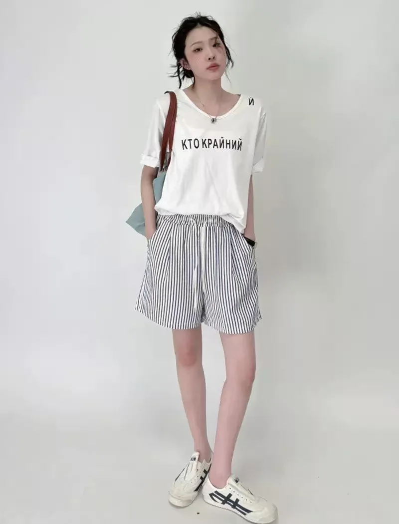 Stripes Shorts for Women Drawstring Thin Wide Leg A-line Breathable Bottoms Shorts High Waist Casual Vacation Beach Short Pants