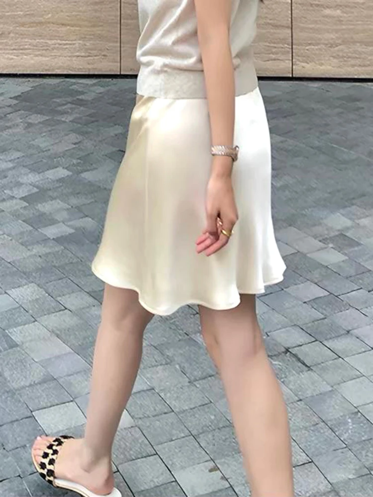 Fashion Solid Satin Skirt,Elastic Stretch High-Waist Elegant Flowing Texture A-Line Short Skirt,For Women's Home Office Wear