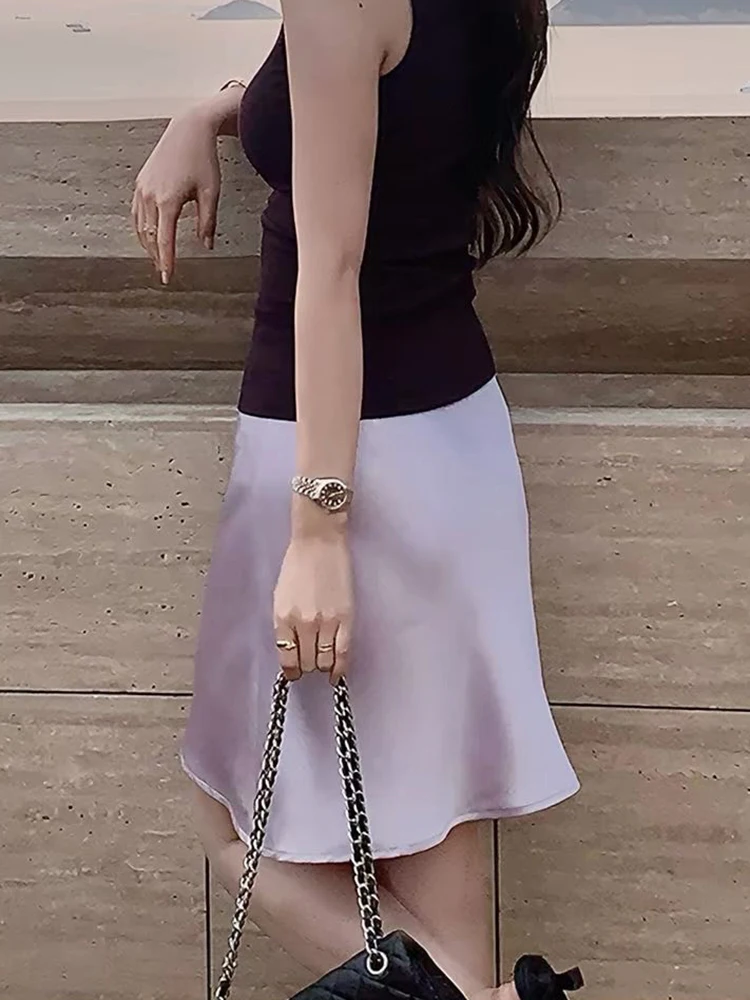 Fashion Solid Satin Skirt,Elastic Stretch High-Waist Elegant Flowing Texture A-Line Short Skirt,For Women's Home Office Wear