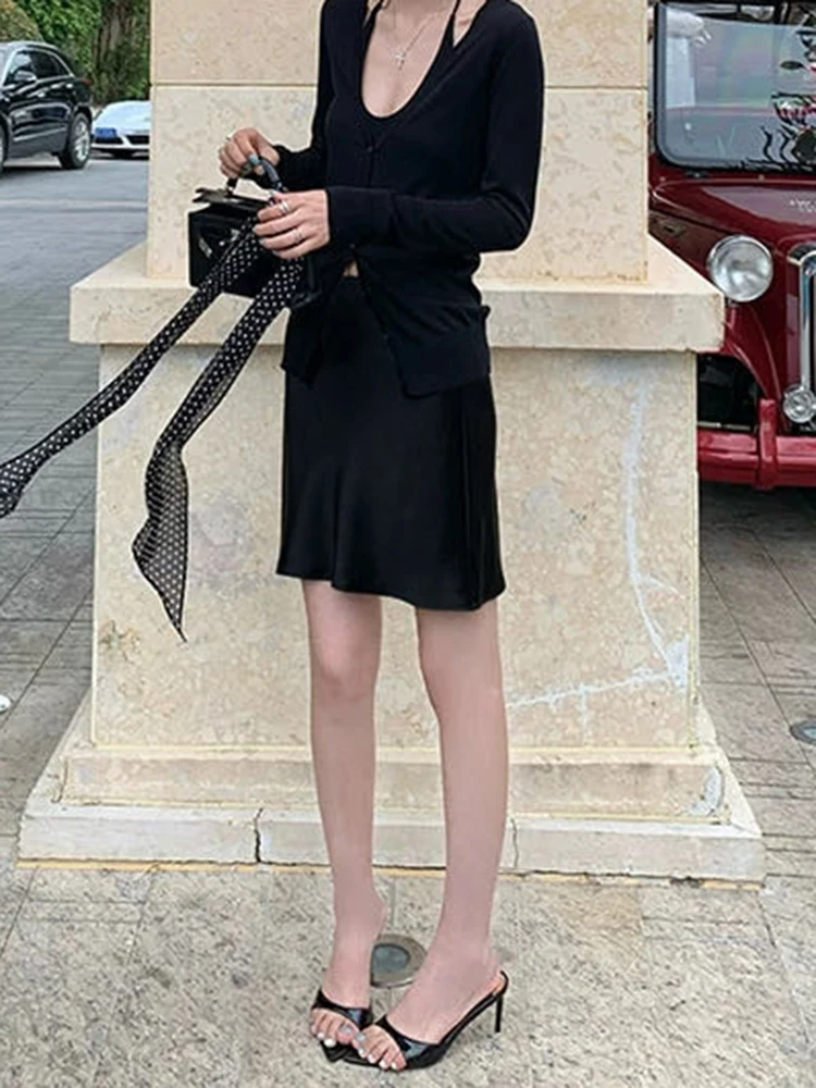 Fashion Solid Satin Skirt,Elastic Stretch High-Waist Elegant Flowing Texture A-Line Short Skirt,For Women's Home Office Wear