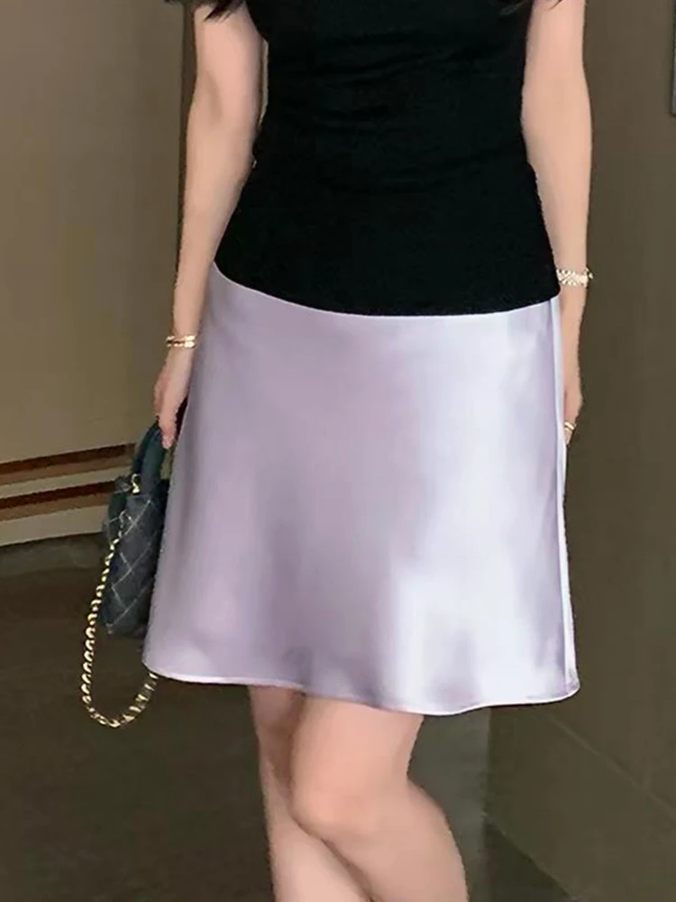 Fashion Solid Satin Skirt,Elastic Stretch High-Waist Elegant Flowing Texture A-Line Short Skirt,For Women's Home Office Wear