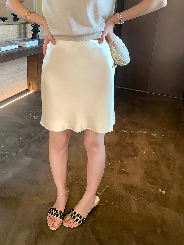 Fashion Solid Satin Skirt,Elastic Stretch High-Waist Elegant Flowing Texture A-Line Short Skirt,For Women's Home Office Wear