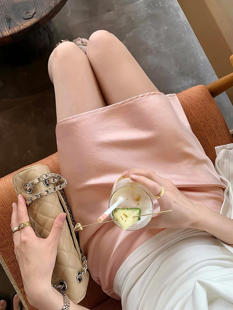 Fashion Solid Satin Skirt,Elastic Stretch High-Waist Elegant Flowing Texture A-Line Short Skirt,For Women's Home Office Wear