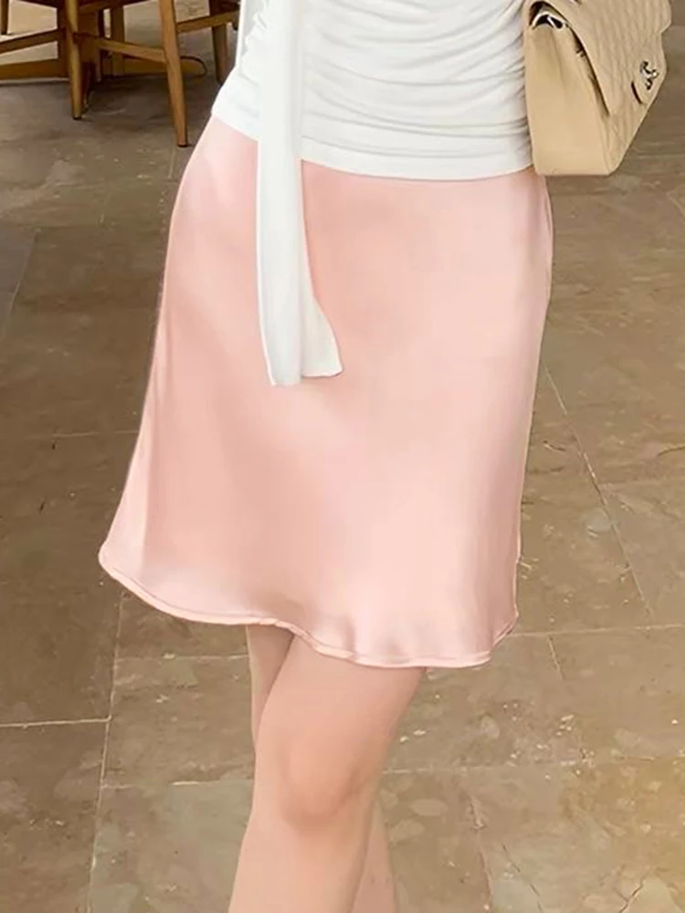 Fashion Solid Satin Skirt,Elastic Stretch High-Waist Elegant Flowing Texture A-Line Short Skirt,For Women's Home Office Wear
