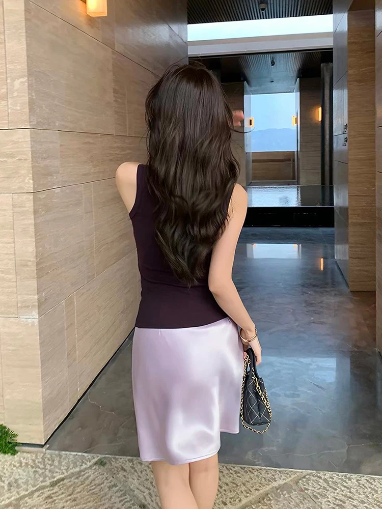 Fashion Solid Satin Skirt,Elastic Stretch High-Waist Elegant Flowing Texture A-Line Short Skirt,For Women's Home Office Wear
