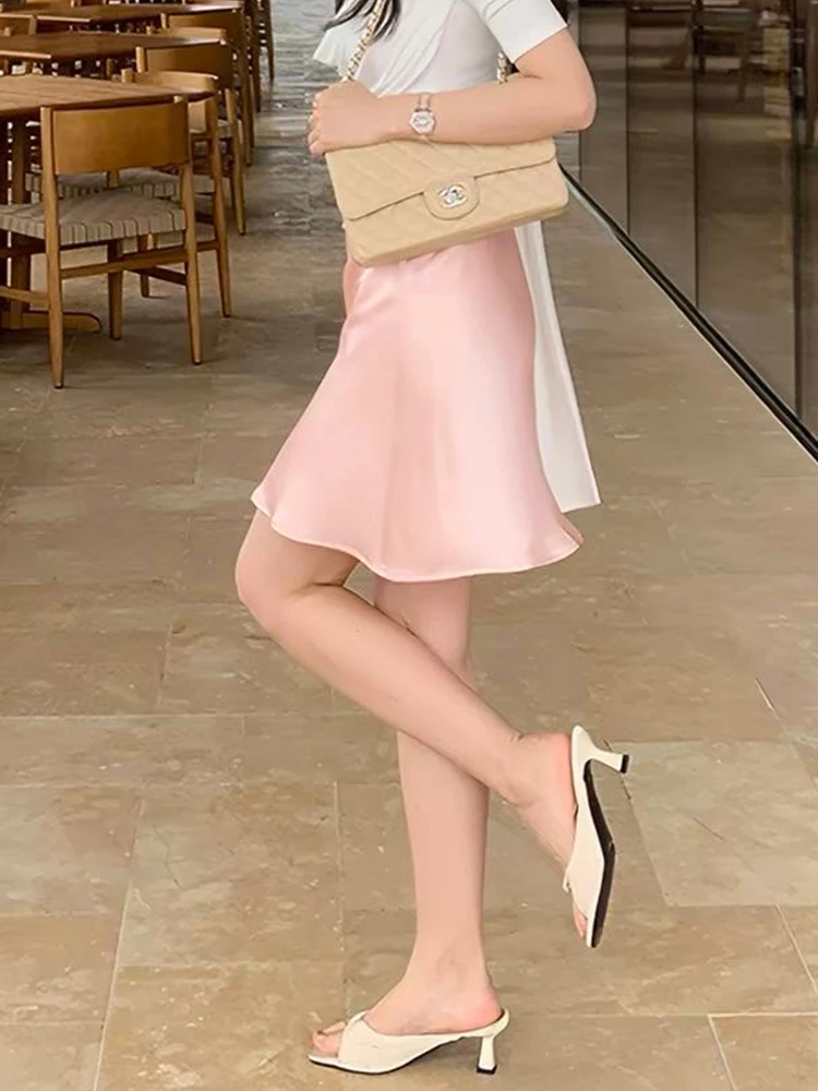 Fashion Solid Satin Skirt,Elastic Stretch High-Waist Elegant Flowing Texture A-Line Short Skirt,For Women's Home Office Wear