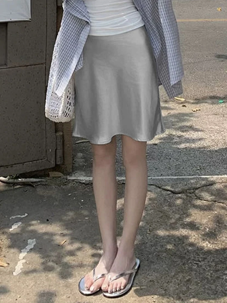Fashion Solid Satin Skirt,Elastic Stretch High-Waist Elegant Flowing Texture A-Line Short Skirt,For Women's Home Office Wear
