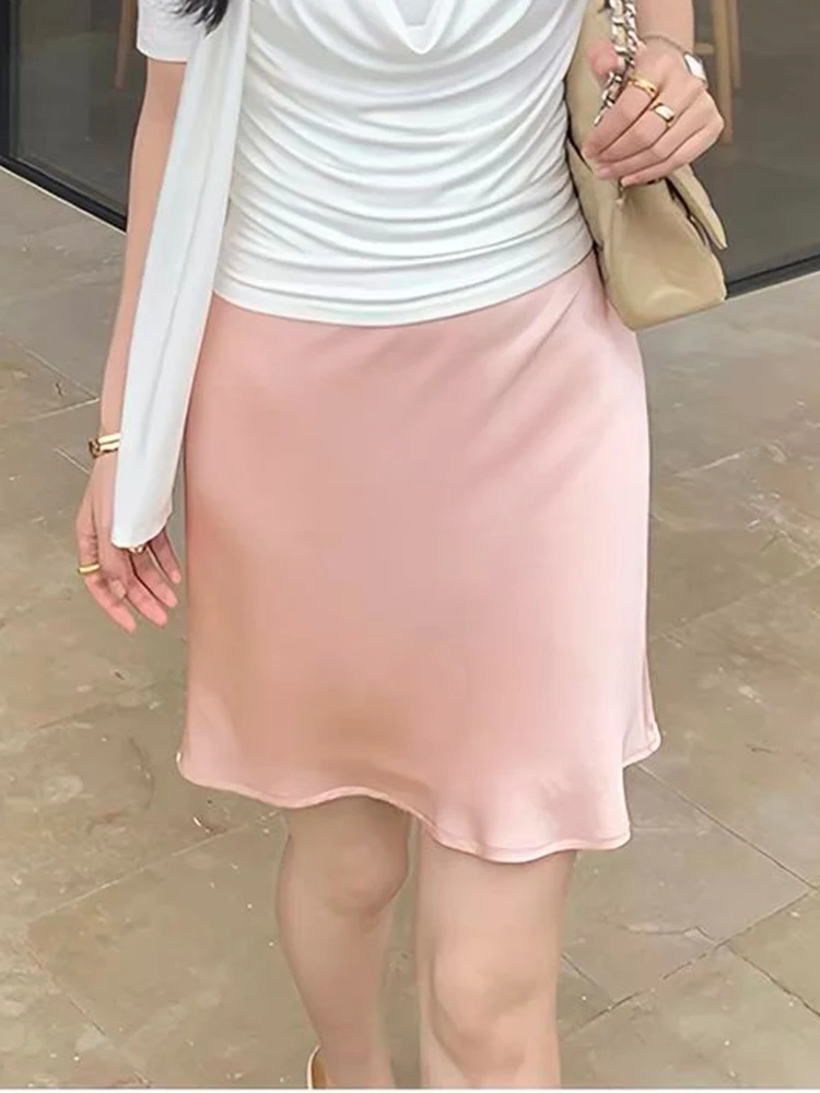 Fashion Solid Satin Skirt,Elastic Stretch High-Waist Elegant Flowing Texture A-Line Short Skirt,For Women's Home Office Wear