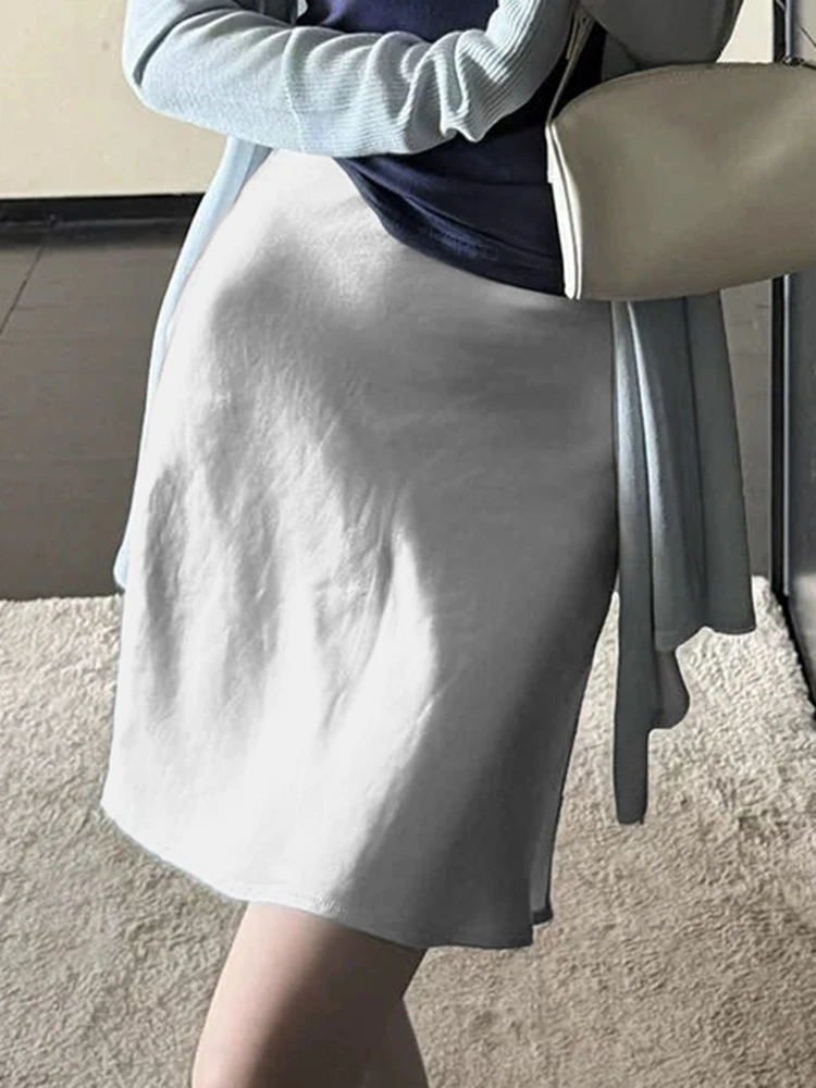 Fashion Solid Satin Skirt,Elastic Stretch High-Waist Elegant Flowing Texture A-Line Short Skirt,For Women's Home Office Wear