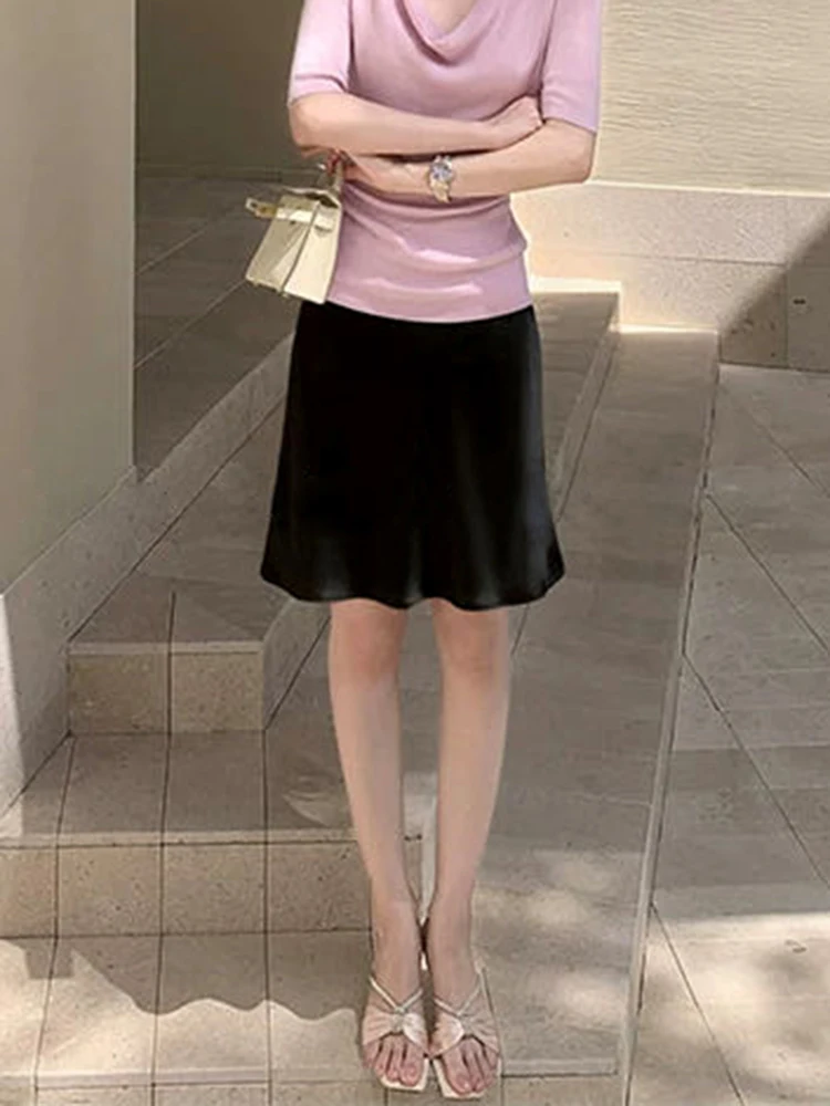 Fashion Solid Satin Skirt,Elastic Stretch High-Waist Elegant Flowing Texture A-Line Short Skirt,For Women's Home Office Wear