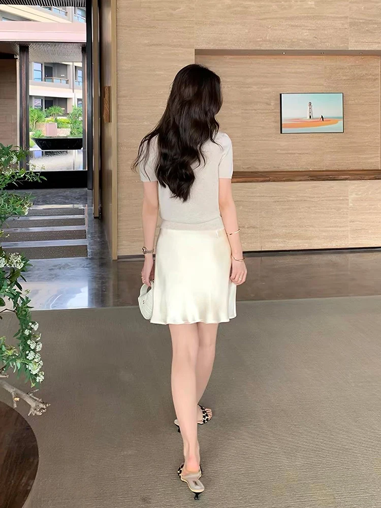 Fashion Solid Satin Skirt,Elastic Stretch High-Waist Elegant Flowing Texture A-Line Short Skirt,For Women's Home Office Wear