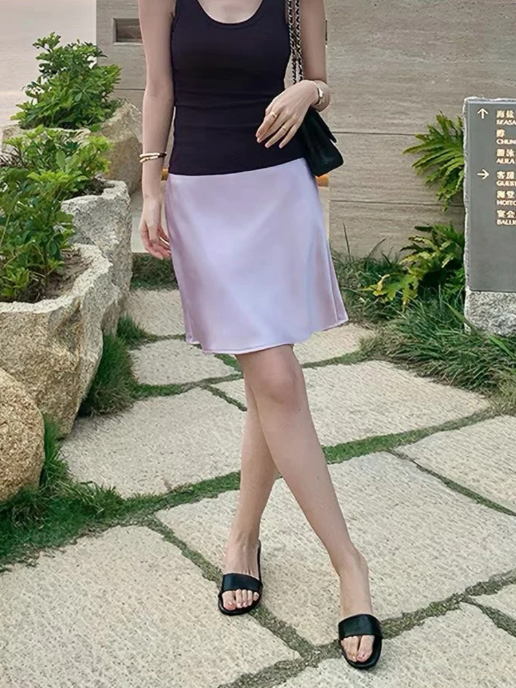 Fashion Solid Satin Skirt,Elastic Stretch High-Waist Elegant Flowing Texture A-Line Short Skirt,For Women's Home Office Wear