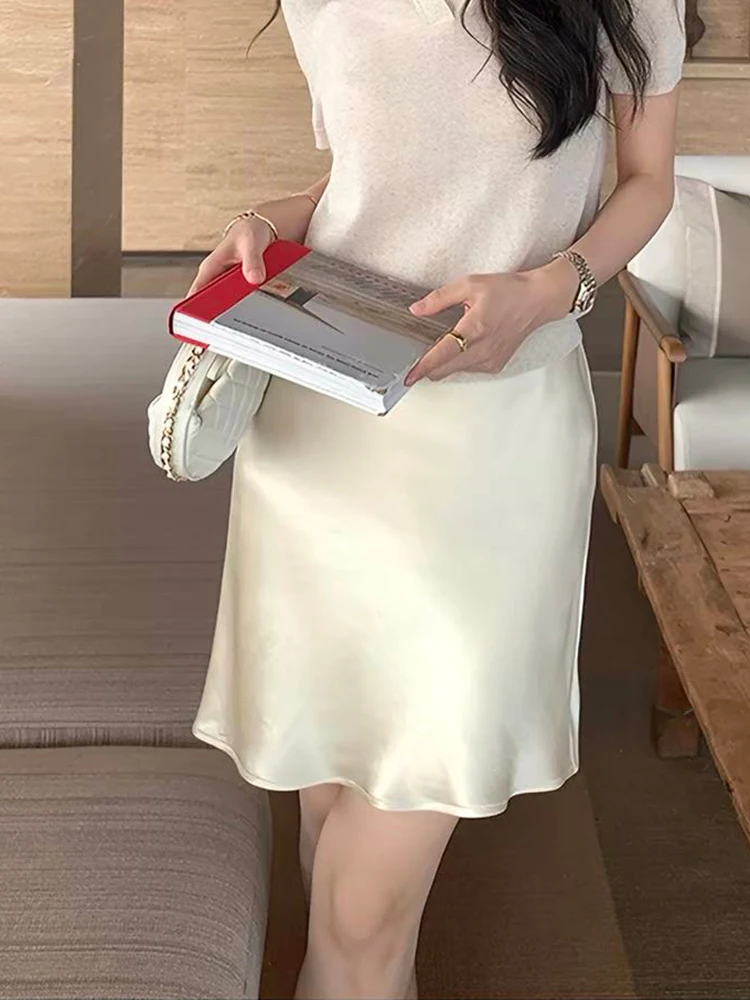 Fashion Solid Satin Skirt,Elastic Stretch High-Waist Elegant Flowing Texture A-Line Short Skirt,For Women's Home Office Wear