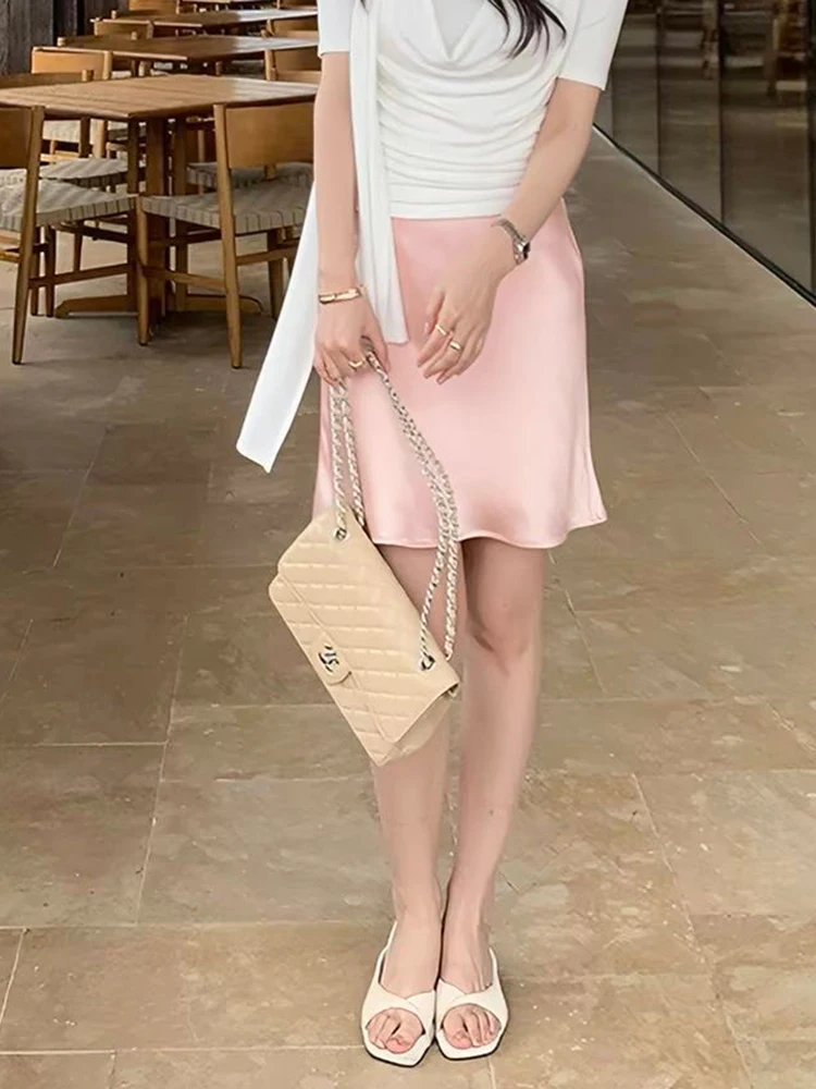 Fashion Solid Satin Skirt,Elastic Stretch High-Waist Elegant Flowing Texture A-Line Short Skirt,For Women's Home Office Wear