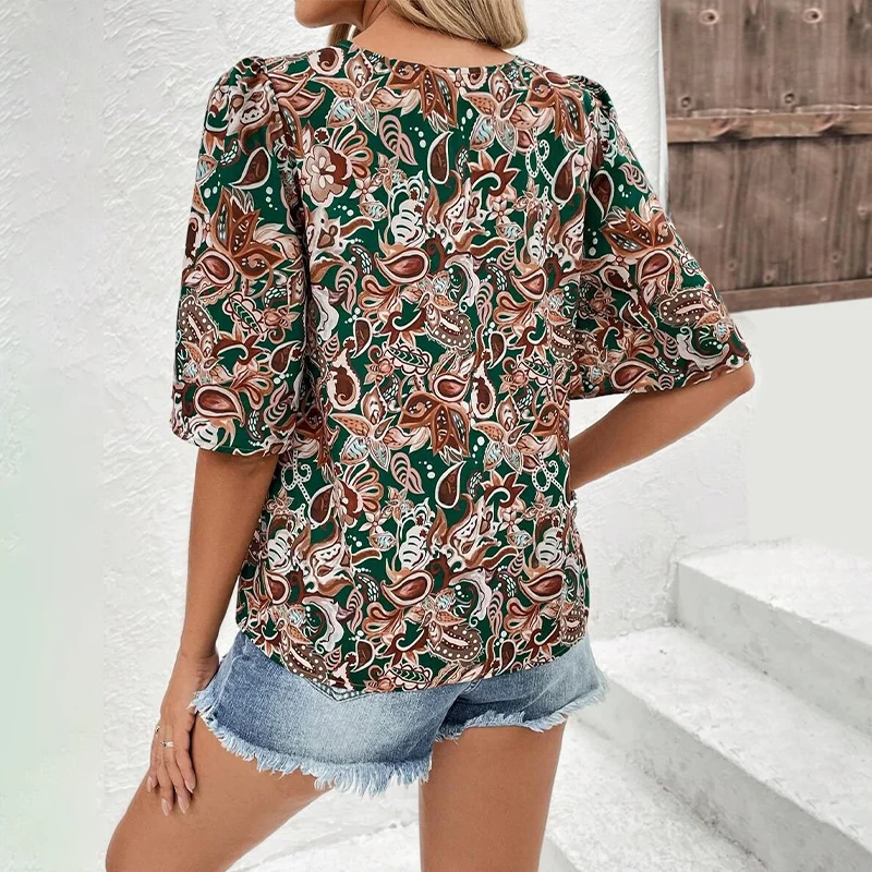 Plus Size Paisley print women's casual shirt short sleeved round neck fashionable and elegant loose top