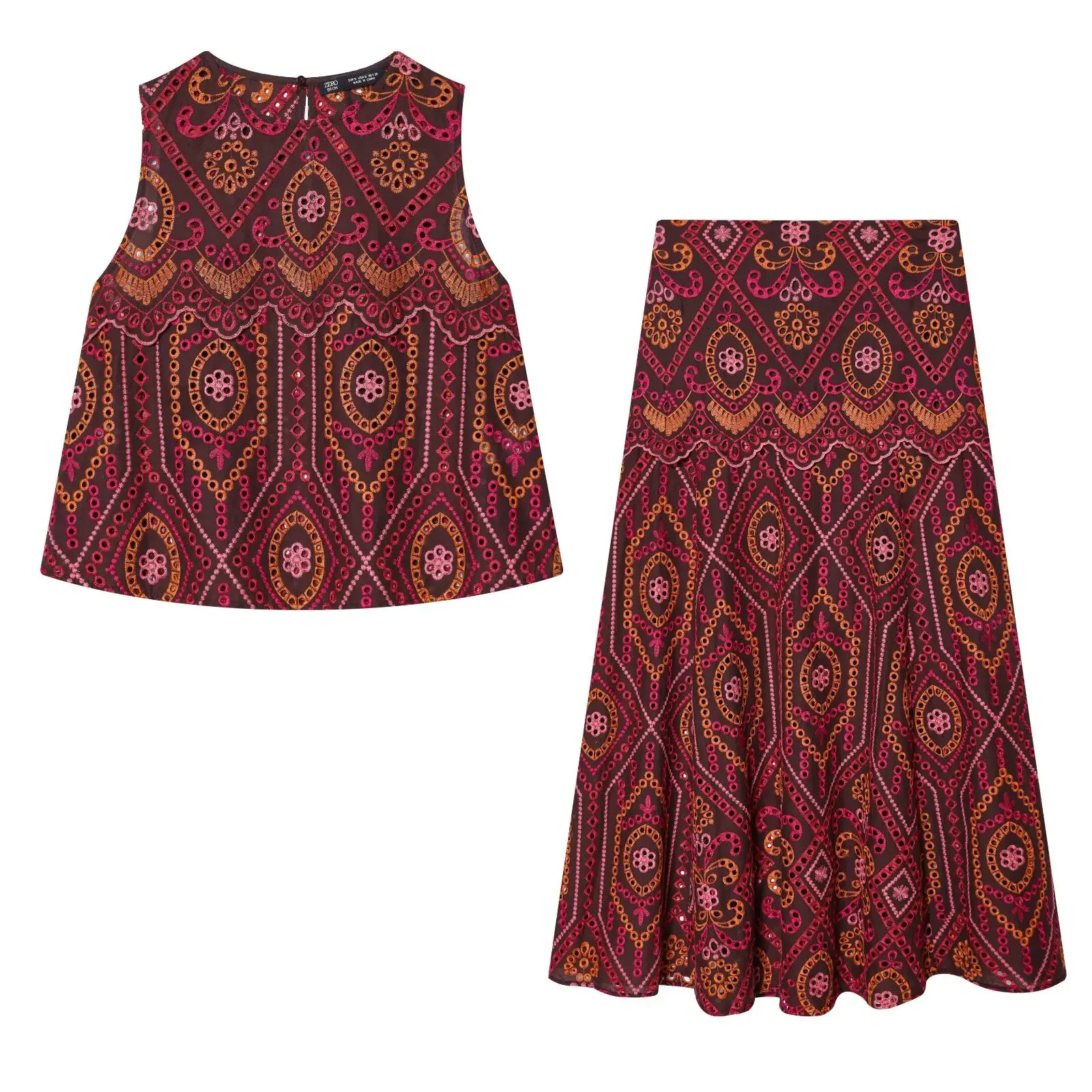 Woman Sexy Fashion Printed Embroidery Hollow Out Sleeveless Short Tops+Long Skirt Women Casual Spring Summer 2 Piece Set