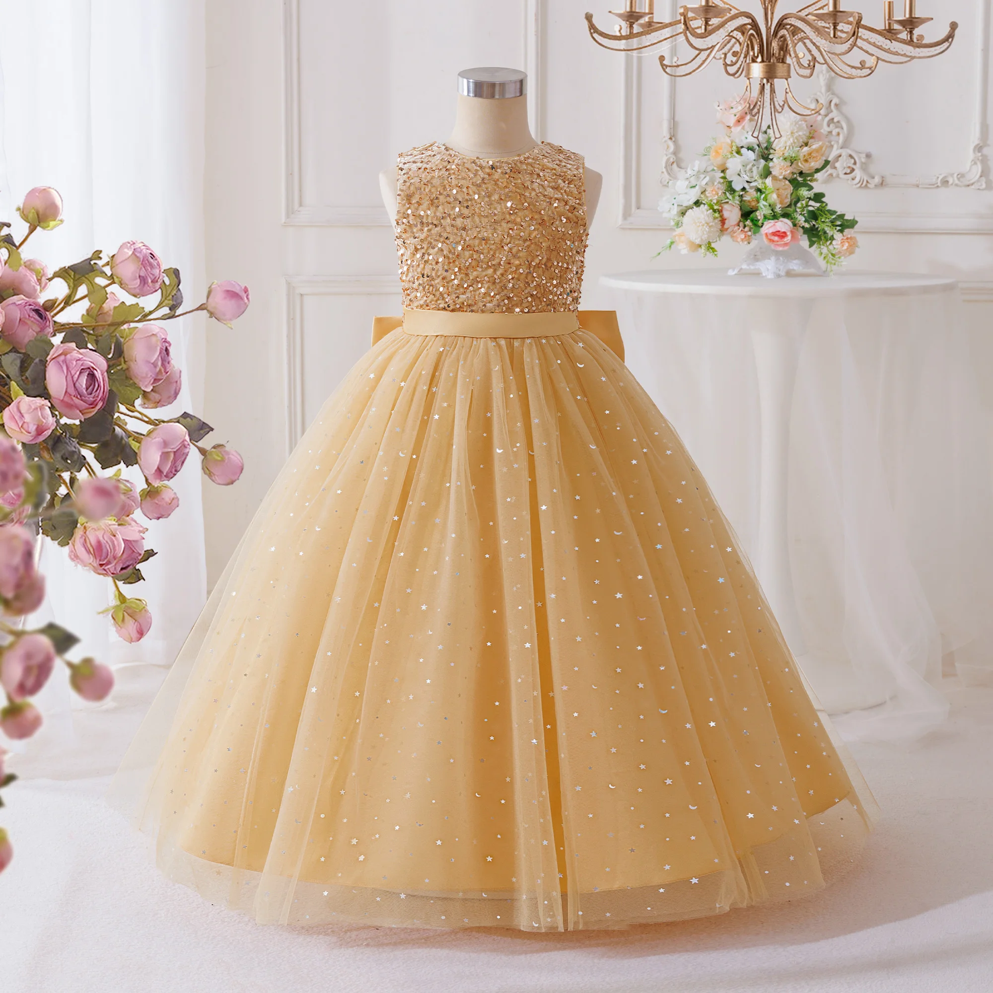 Summer Sequin Bridesmaids Party Dresses for Girls Elegant Bow Wedding Birthday Prom Girl Dress Gala Pageant Evening Kids Clothes