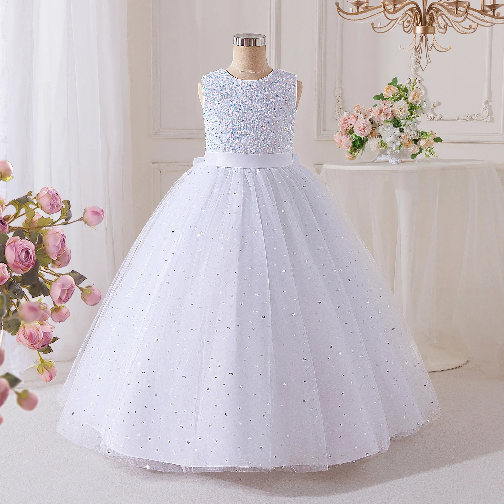 Summer Sequin Bridesmaids Party Dresses for Girls Elegant Bow Wedding Birthday Prom Girl Dress Gala Pageant Evening Kids Clothes