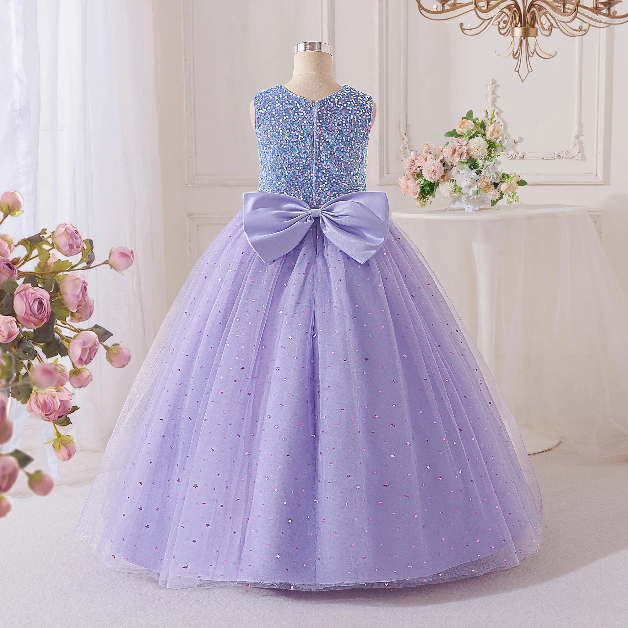 Summer Sequin Bridesmaids Party Dresses for Girls Elegant Bow Wedding Birthday Prom Girl Dress Gala Pageant Evening Kids Clothes