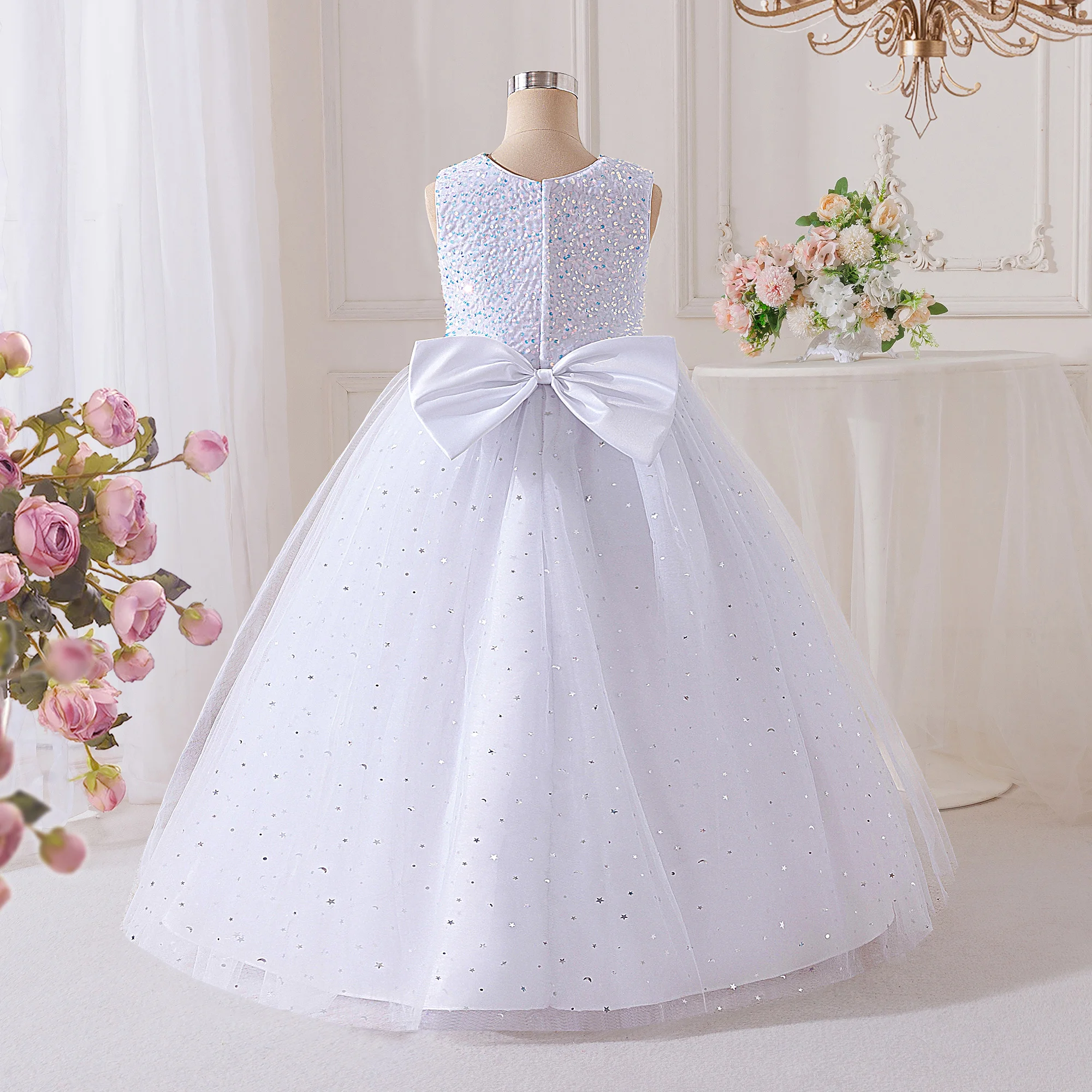Summer Sequin Bridesmaids Party Dresses for Girls Elegant Bow Wedding Birthday Prom Girl Dress Gala Pageant Evening Kids Clothes