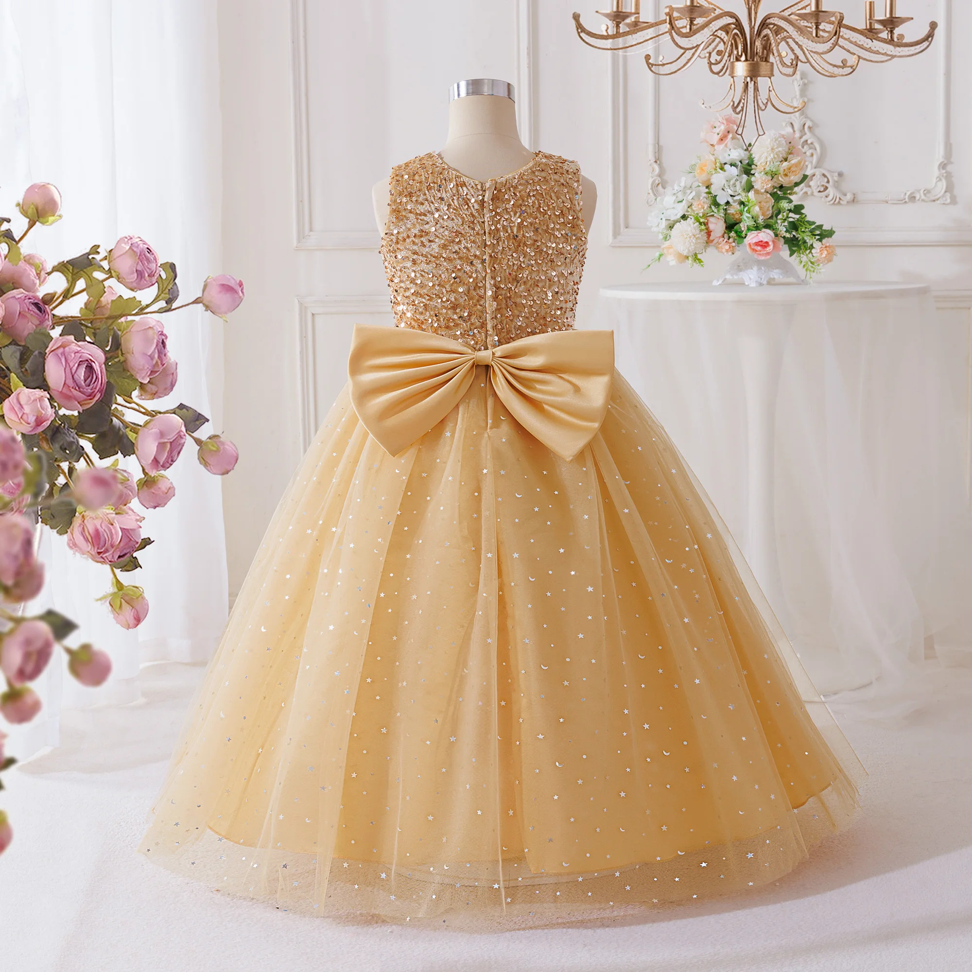 Summer Sequin Bridesmaids Party Dresses for Girls Elegant Bow Wedding Birthday Prom Girl Dress Gala Pageant Evening Kids Clothes