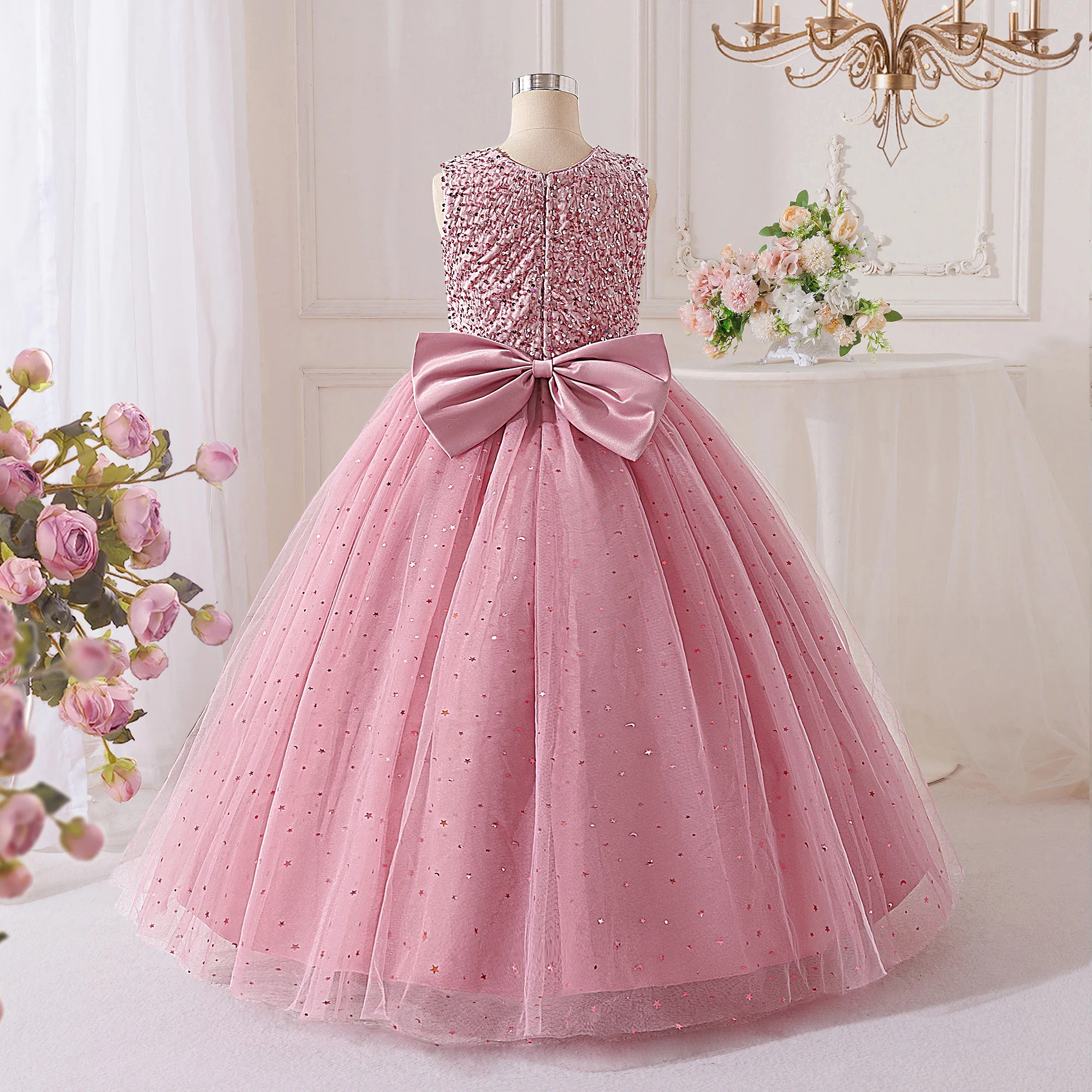 Summer Sequin Bridesmaids Party Dresses for Girls Elegant Bow Wedding Birthday Prom Girl Dress Gala Pageant Evening Kids Clothes