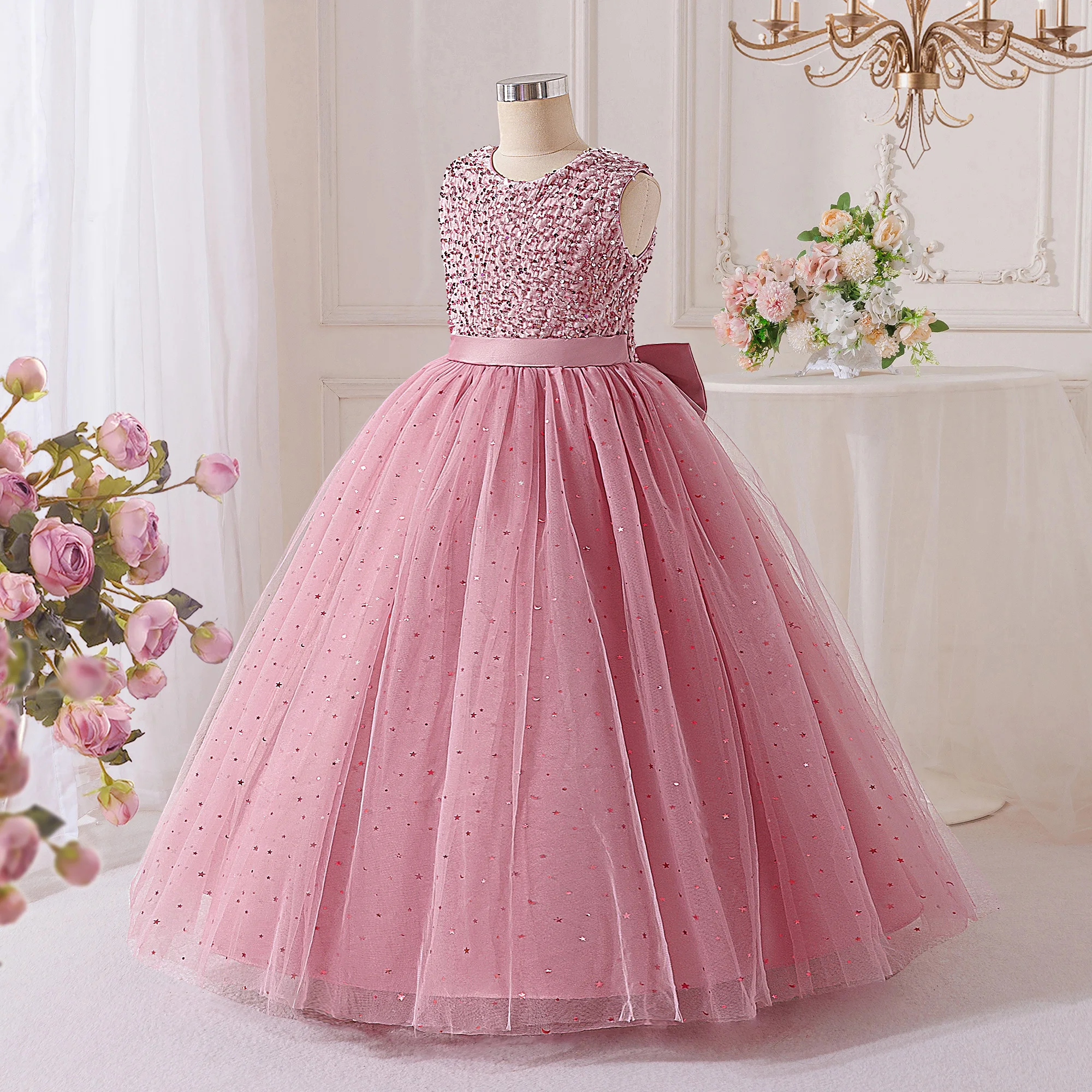 Summer Sequin Bridesmaids Party Dresses for Girls Elegant Bow Wedding Birthday Prom Girl Dress Gala Pageant Evening Kids Clothes
