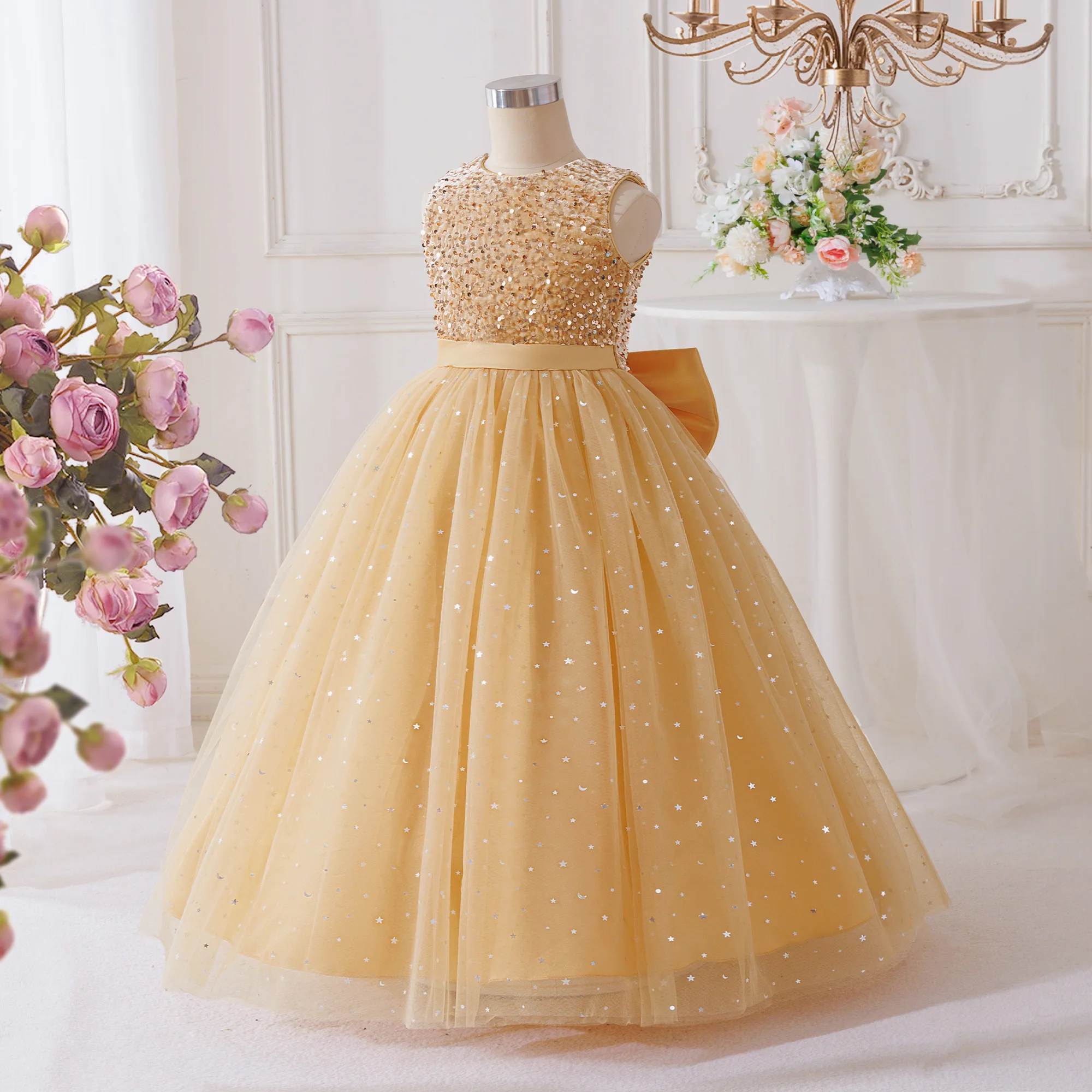 Summer Sequin Bridesmaids Party Dresses for Girls Elegant Bow Wedding Birthday Prom Girl Dress Gala Pageant Evening Kids Clothes