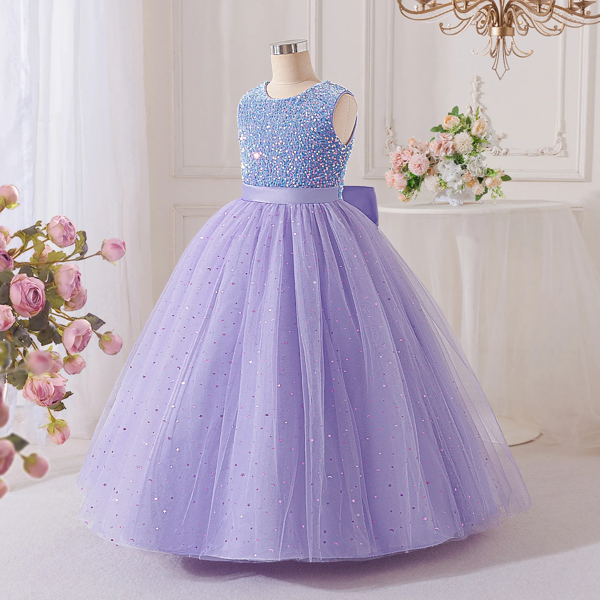 Summer Sequin Bridesmaids Party Dresses for Girls Elegant Bow Wedding Birthday Prom Girl Dress Gala Pageant Evening Kids Clothes
