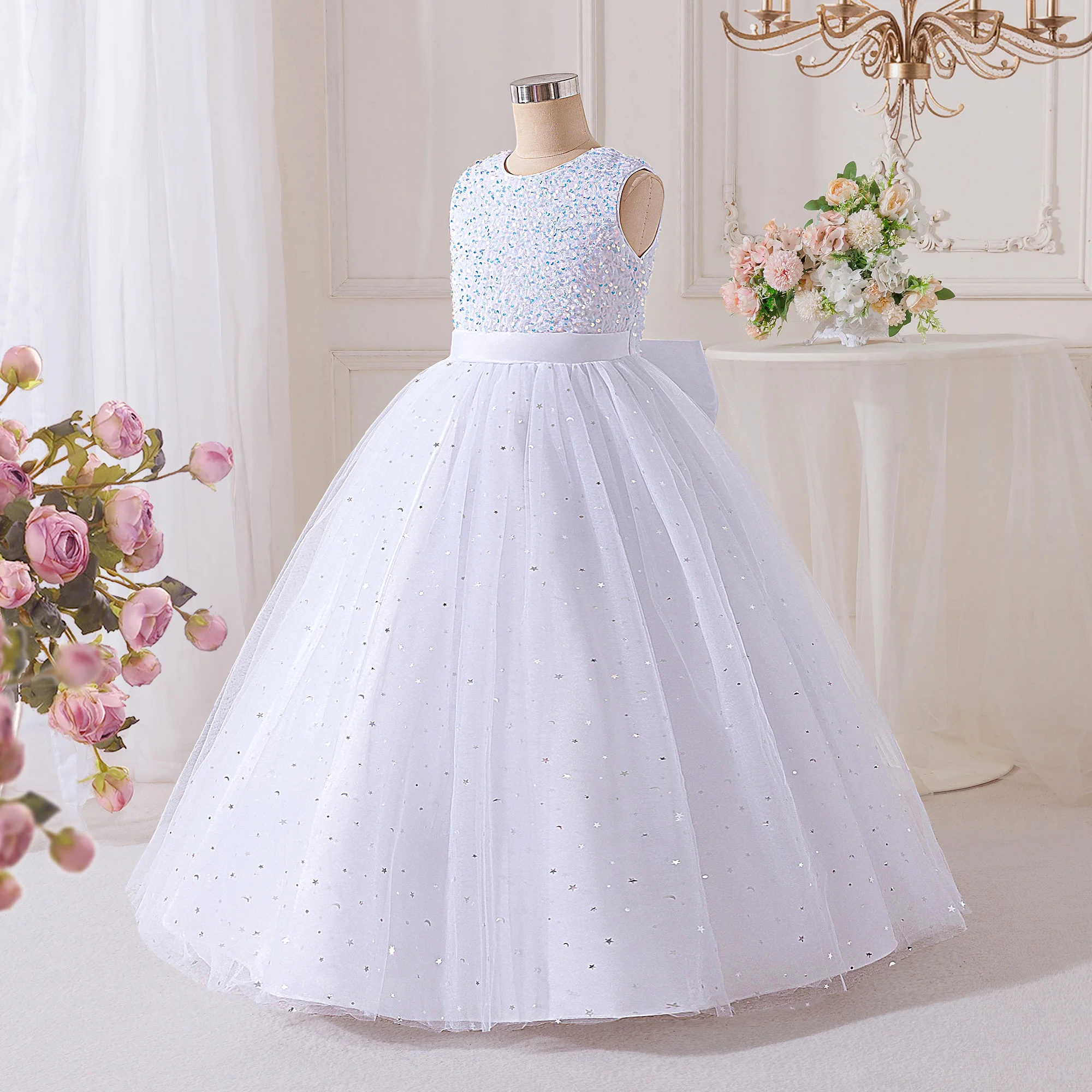 Summer Sequin Bridesmaids Party Dresses for Girls Elegant Bow Wedding Birthday Prom Girl Dress Gala Pageant Evening Kids Clothes